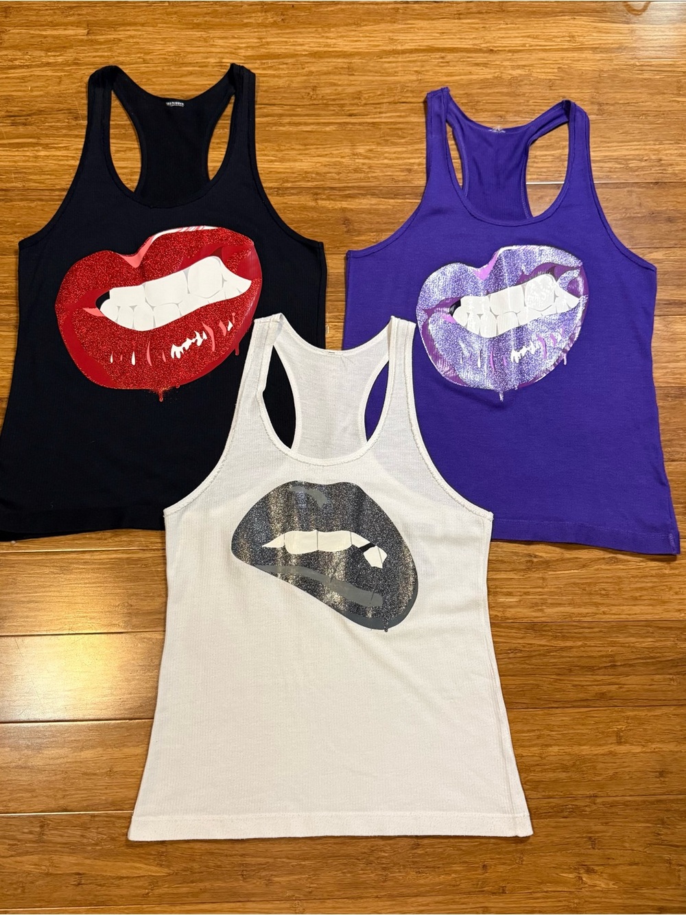 Set of 3 Zumba Scream It Out Loud Glitter Lips Ribbed Racerback Tank Tops Small